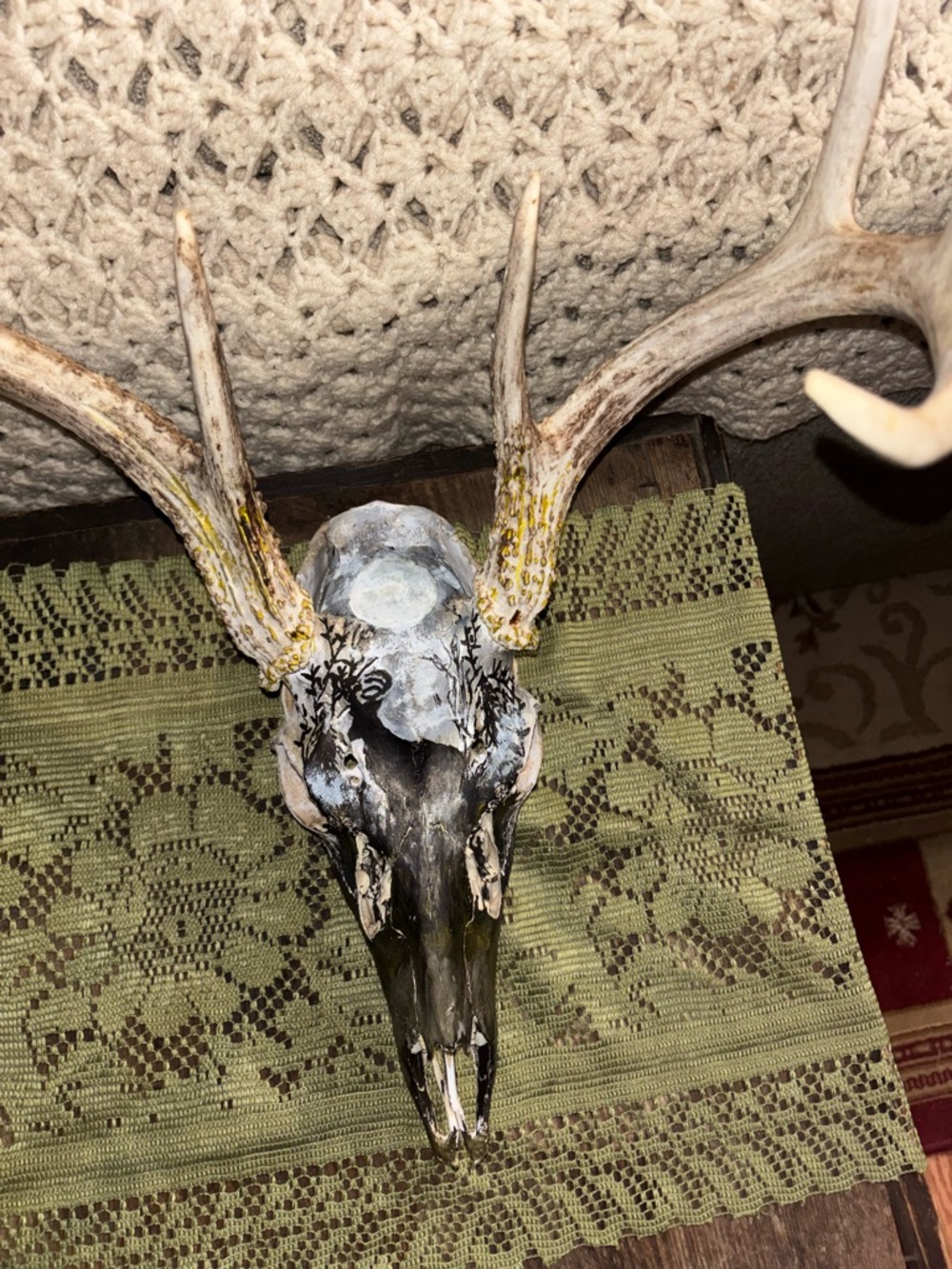 Painted Deer Skull with Antlers - White and Natural Tones